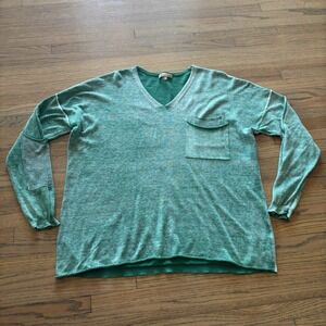 Democracy Womens Large Green V-Neck Knit Sweater Mesh Elbow Patch Pocket Top